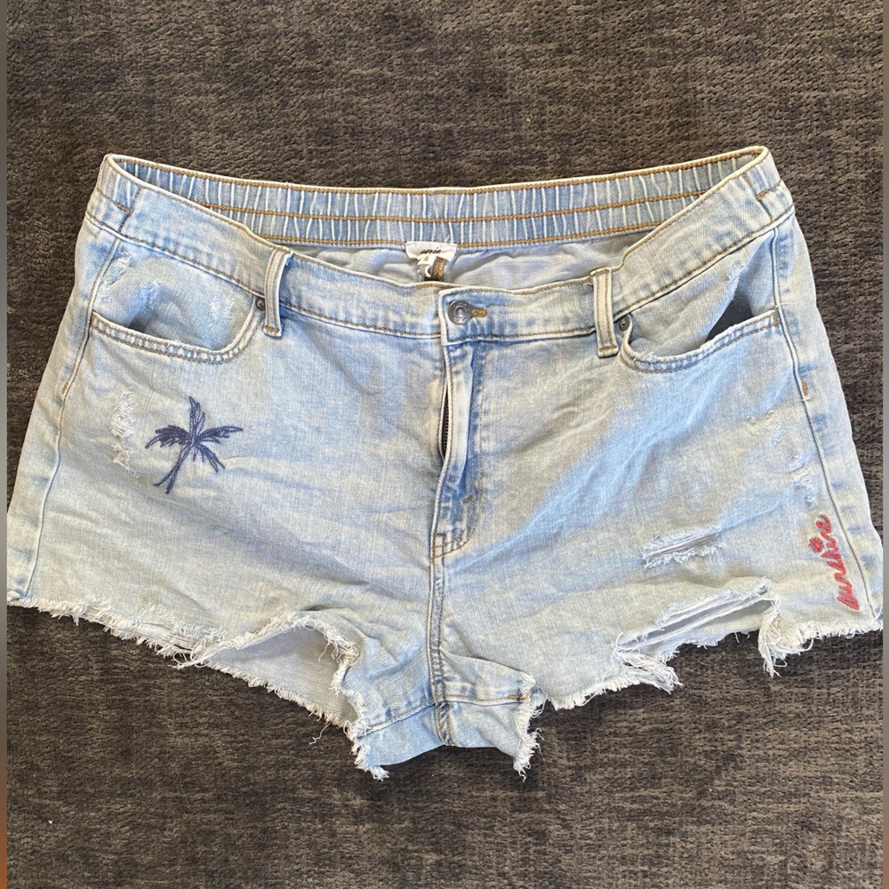 Aerie Light Wash Denim Shorts with Palm Tree Embroidery